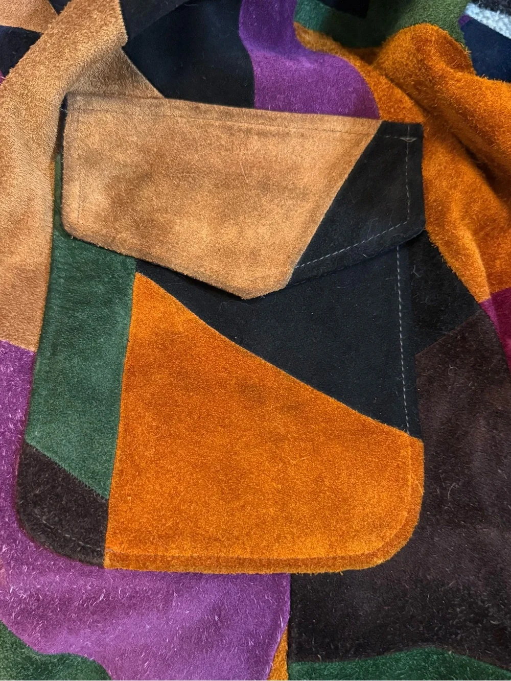 70s Vintage Multicolor Patchwork Suede Trench Coat, Great Condition, Sz Small - Picture 6 of 6
